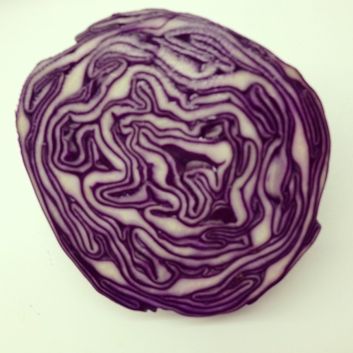 Een verse rode kool doormidden. Guys, noem me een nerd, maar ik word hier nu ongelofelijk blij van. Is toch geweldig dat de natuur zoiets maakt!