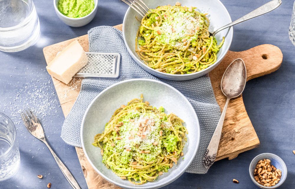 Spaghetti met doperwtenpesto