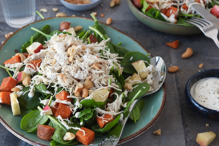 salade met pulled chicken en zoete aardappel