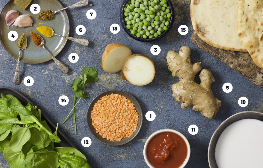 Dahl met spinazie en doperwtjes - Ingrediënten1 - Chickslovefood