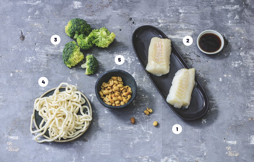 Udon noedels met kabeljauw