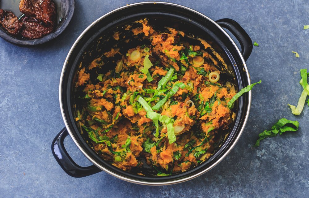 zoete aardappelstamppot met andijvie