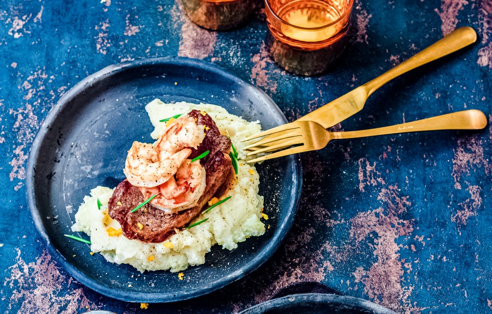 Entrecote met garnalen