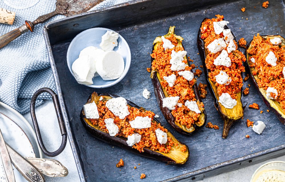 Gevulde aubergine met vega gehakt