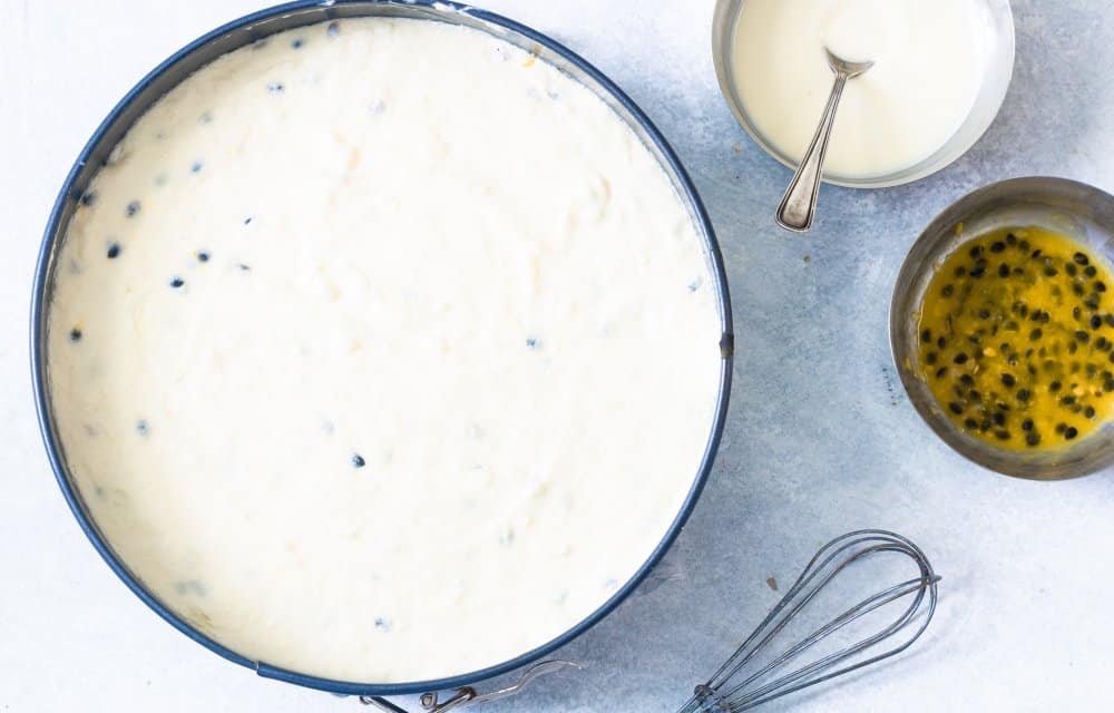 witte chocolade kwarktaart met passievrucht