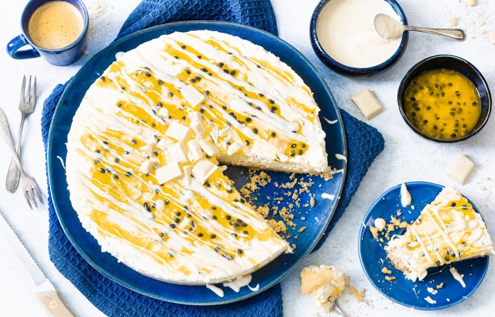 witte chocolade kwarktaart met passievrucht
