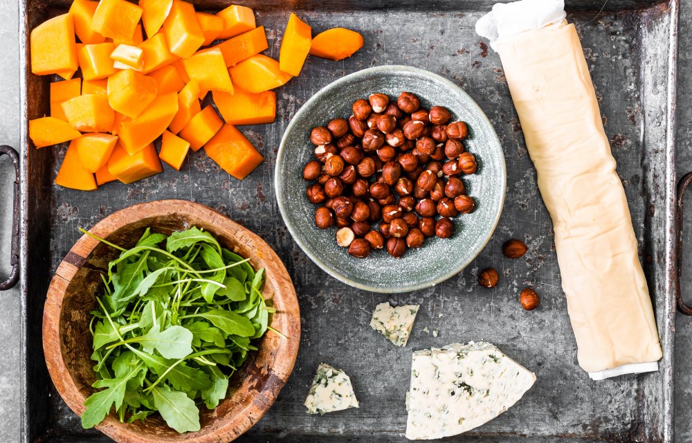 Flammkuchen met pompoen en blauwe kaas