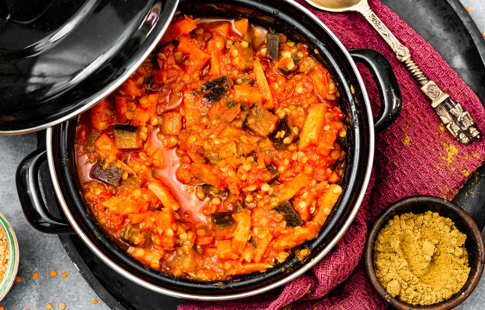 Stoofpot met linzen en zoete aardappel