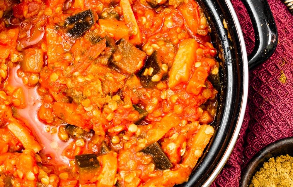 Stoofpot met linzen en zoete aardappel