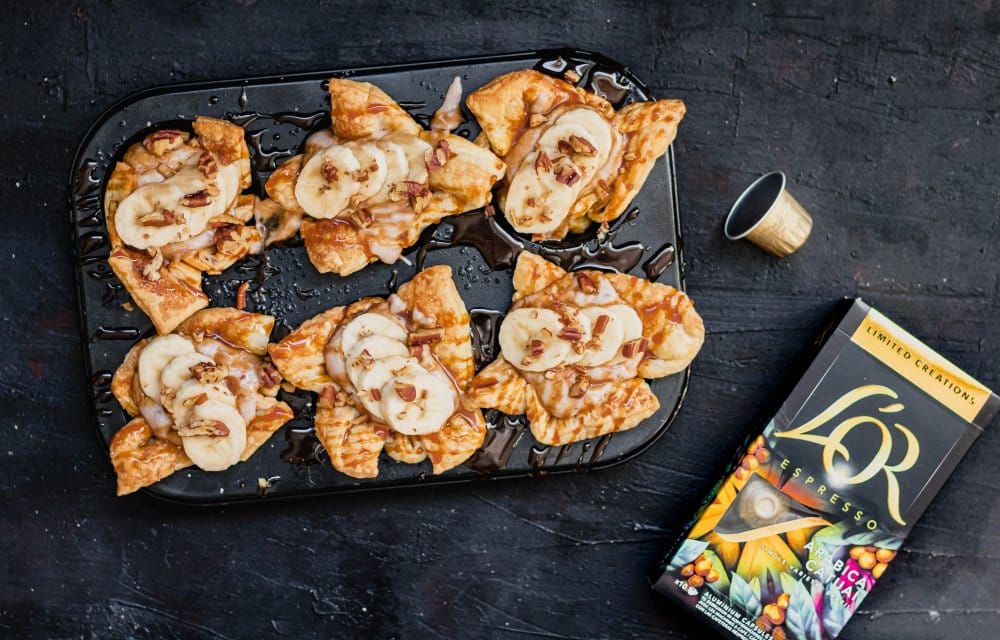 Bladerdeegtaartje met koffie-karamel en bananenroom-4