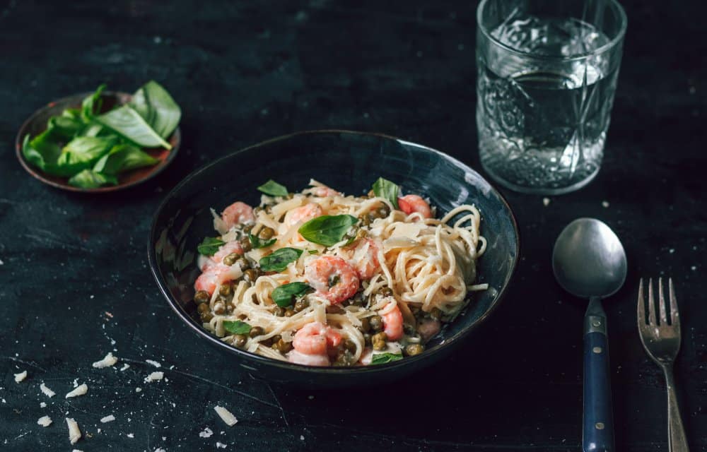 Spaghetti met romige knoflookgarnalen