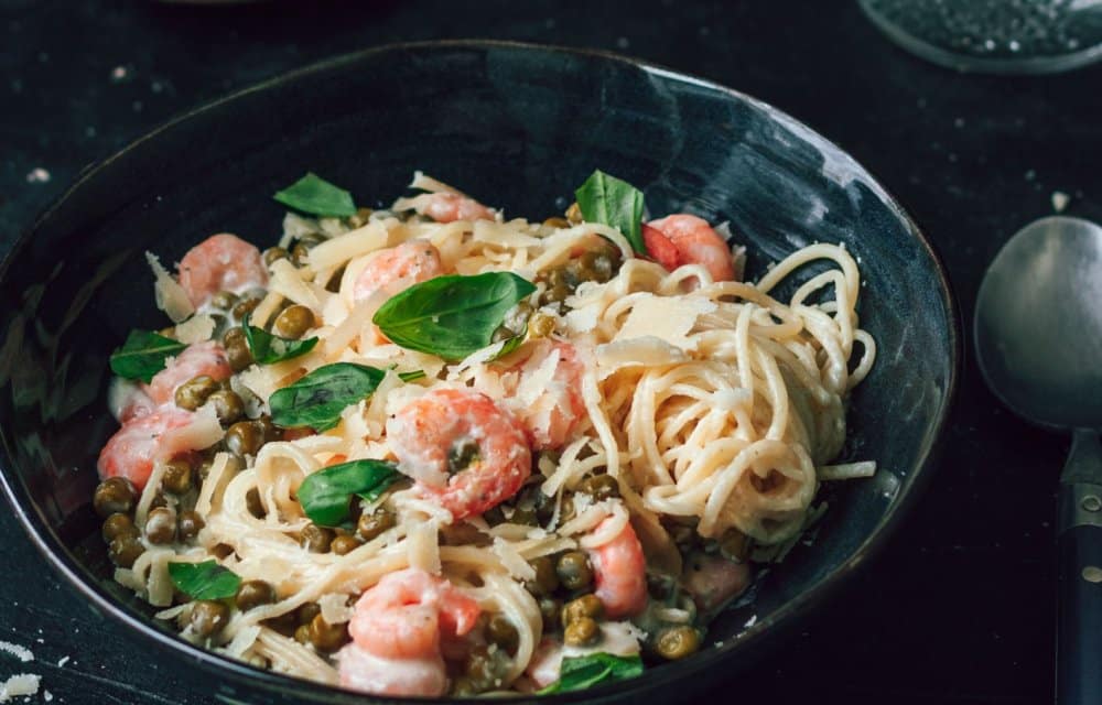 Spaghetti met romige knoflookgarnalen