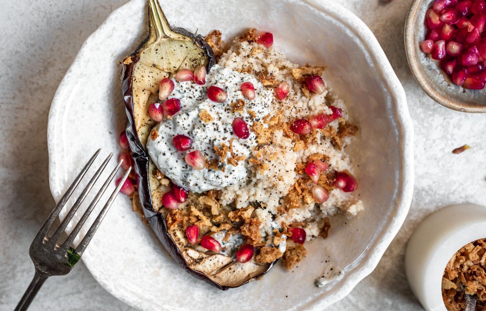 Aubergine en romige couscous met 6 ingrediënten