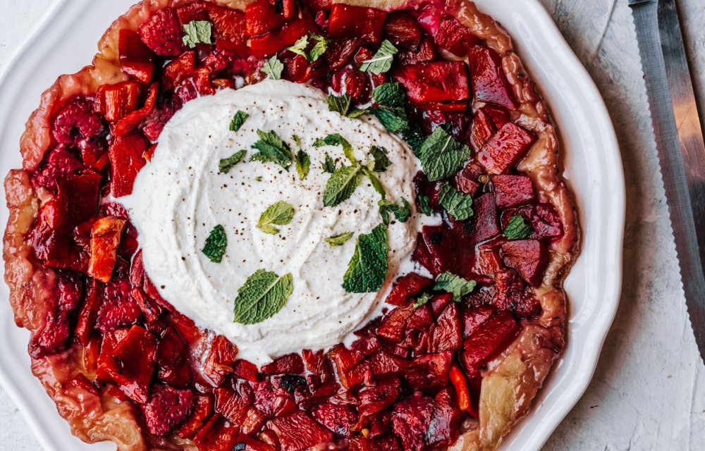Geroosterde paprika en frambozen tarte tatin met 5 ingrediënten