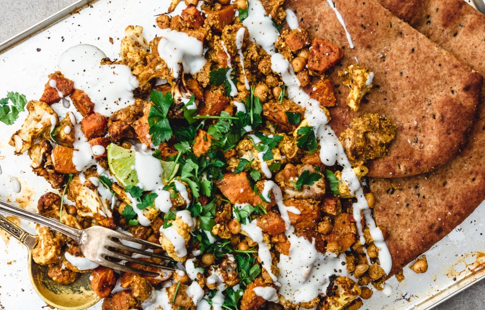 zoete aardappel curry tray bake